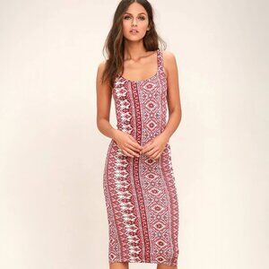 Billabong Share Joy Red Print Boho Beach Pattern Midi Bodycon Dress Size Large